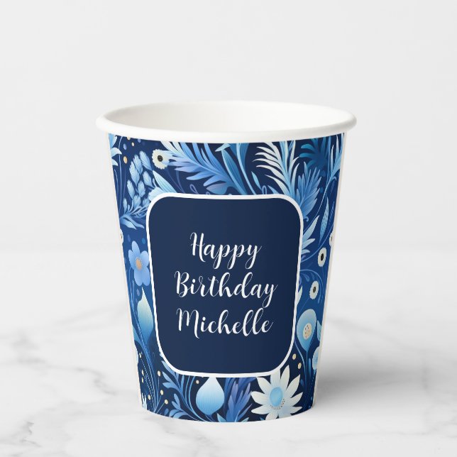 Navy Dusty Blue Flowers Happy Birthday Pappbecher (Vorderseite)