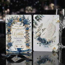 Navy Dusty Blue Gold Faux Foil Floral Swan Wedding Einladung