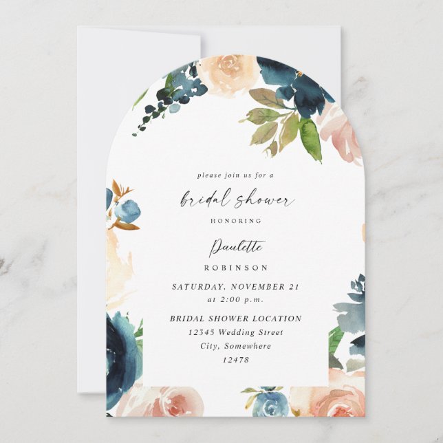 Navy & Dusty Blue, Pink Brautparty Arc Einladung (Vorderseite)