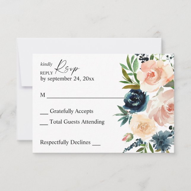 Navy & Dusty Blue & Pink Floral zu Mahlzeiten RSVP (Vorderseite)