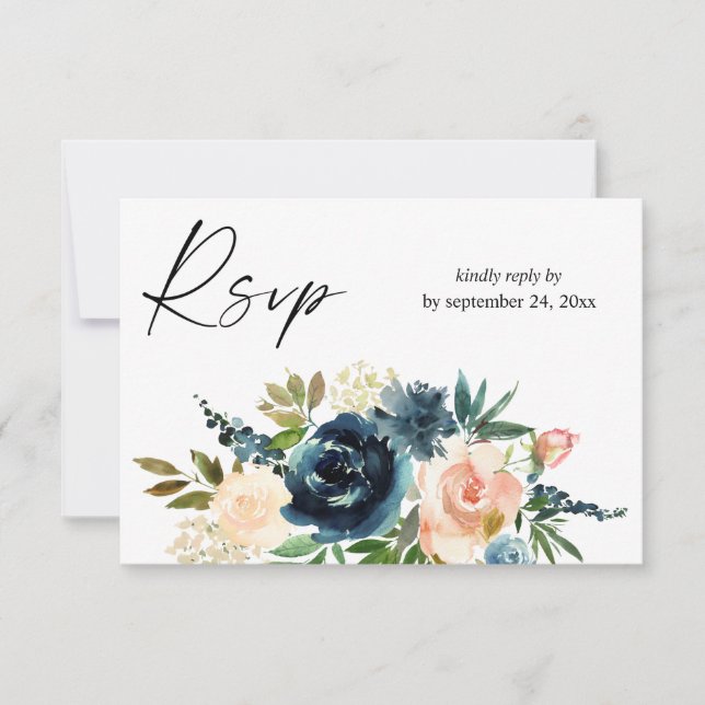 Navy & Dusty Blue Rose Floral 2avec carte RSVP de  (Devant)