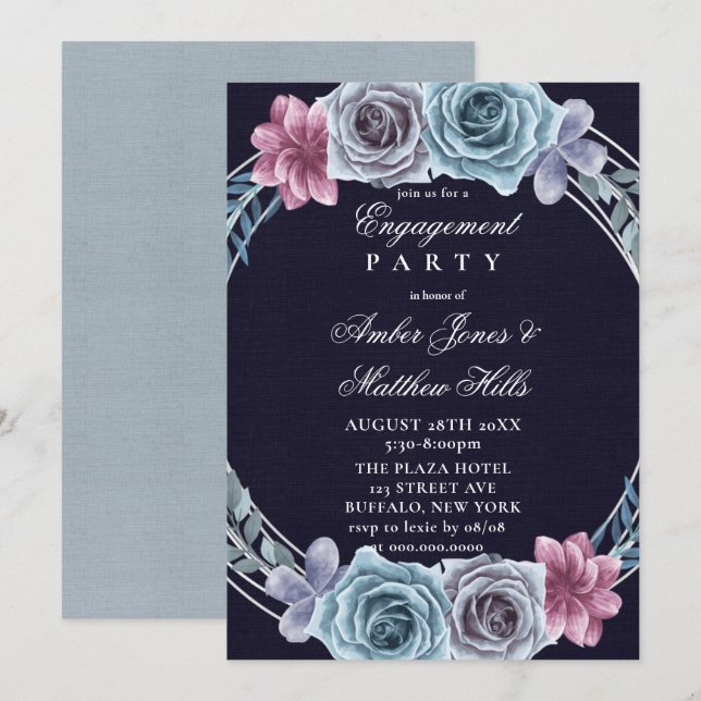 Navy Dusty Blue Rose Floral Engagement Party Einladung (Vorne/Hinten)