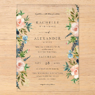 Navy, Dusty Blue und rosa florale Hochzeit V2 Acryleinladungen