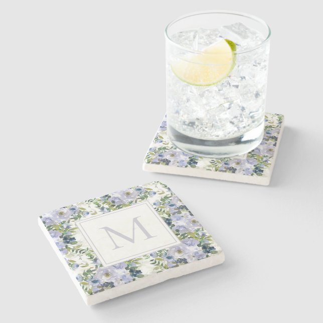 Navy Dusty Blue Watercolor Blume White Monogram Steinuntersetzer (Seitenansicht)
