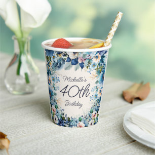Navy Dusty Blue Watercolor Floral 40. Geburtstag Pappbecher