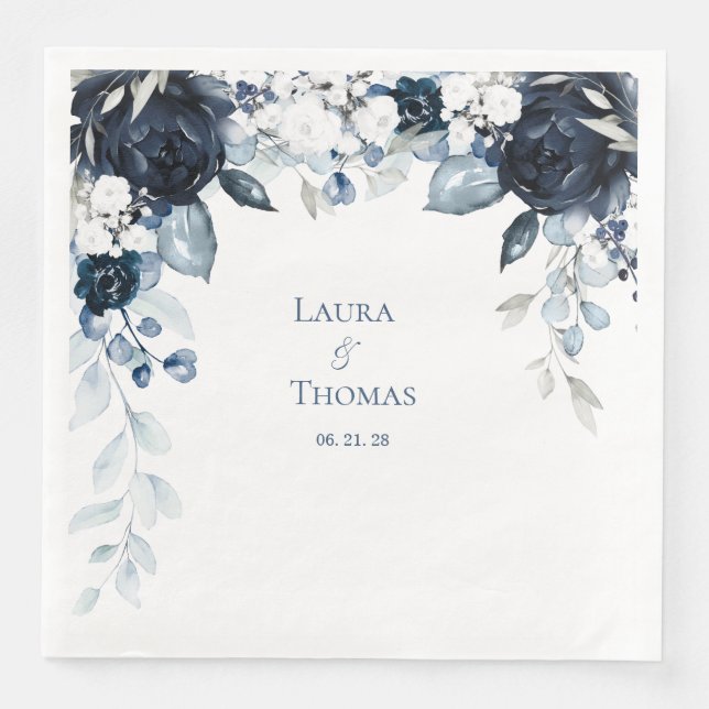 Navy Dusty Blue & White Garden Elegante Hochzeit Serviette (Vorderseite)