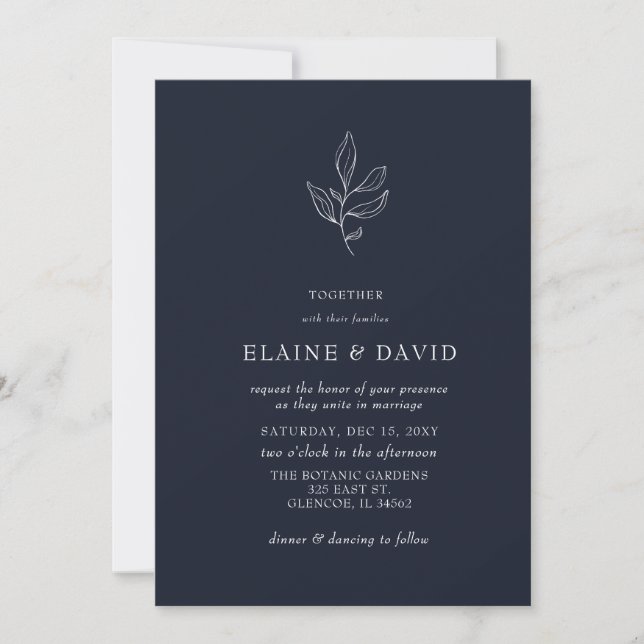 Navy Einfache Elegante Moderne Botanische Hochzeit Einladung (Vorderseite)