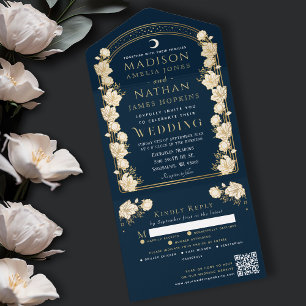 Navy Elegant Arch Art Nouveau QR Code Hochzeit All In One Einladung