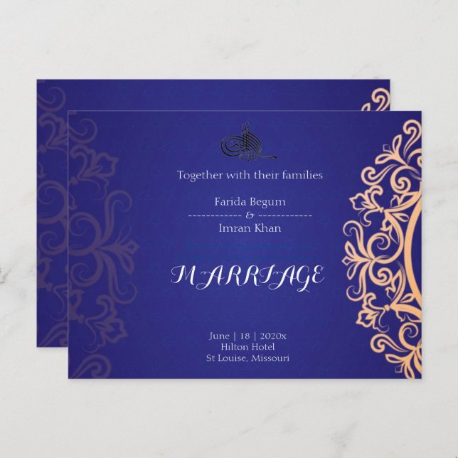 Navy Elegant Blue Muslim wedding Invitation  (Devant / Derrière)