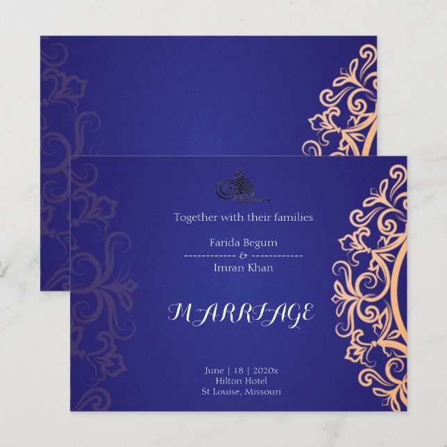 Navy Elegant Blue Muslim wedding Invitation  Postkarte (Vorne/Hinten)