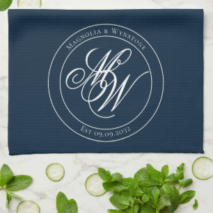 Navy Elegant Circle Monogram Script Geschirrtuch