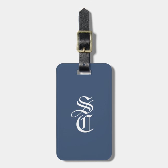 Navy Elegant Gothic Monogramm Name Mittelalterlich Gepäckanhänger (Vorderseite vertikal)