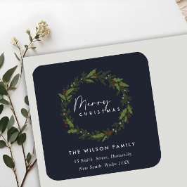 NAVY ELEGANT HOLLY BERRY WREATH CHRISTMAS-ADRESSE QUADRATISCHER AUFKLEBER