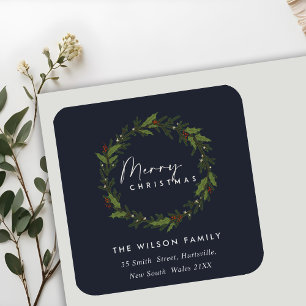 NAVY ELEGANT HOLLY BERRY WREATH CHRISTMAS-ADRESSE QUADRATISCHER AUFKLEBER