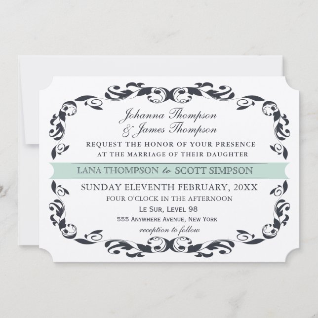 Navy Elegant Viktorianisch Blüh Filligree Wedding Einladung (Vorderseite)