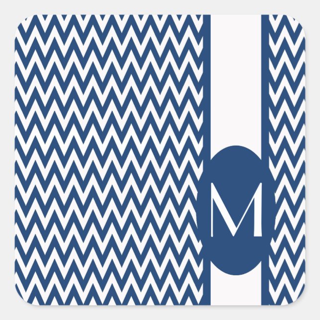 Navy Elegant Zickzack Design mit Monogramm Quadratischer Aufkleber (Vorderseite)