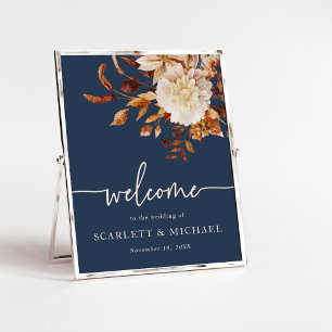 Navy Elegante Herbstblätter Hochzeit Poster
