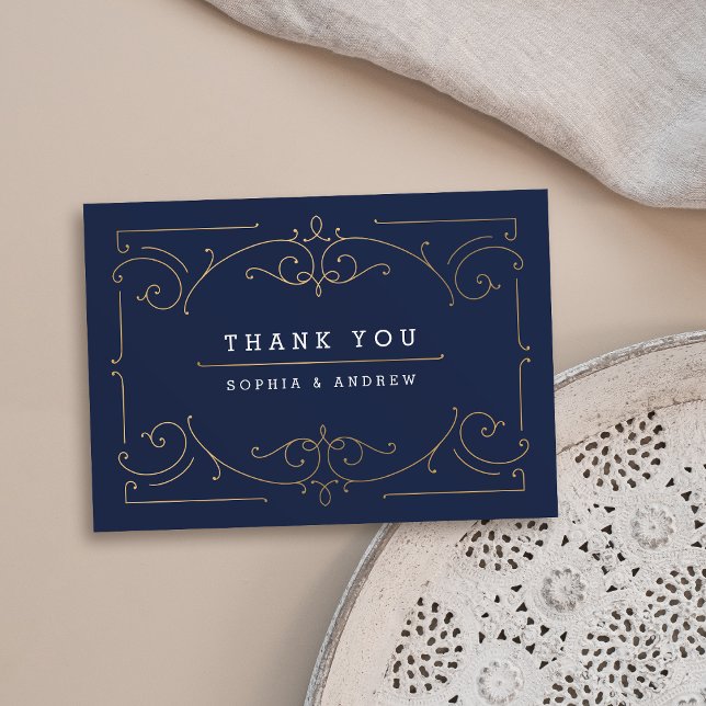 Navy elegante moderne klassische Vintage Hochzeit Dankeskarte (Navy elegant modern classic vintage wedding thank you card)