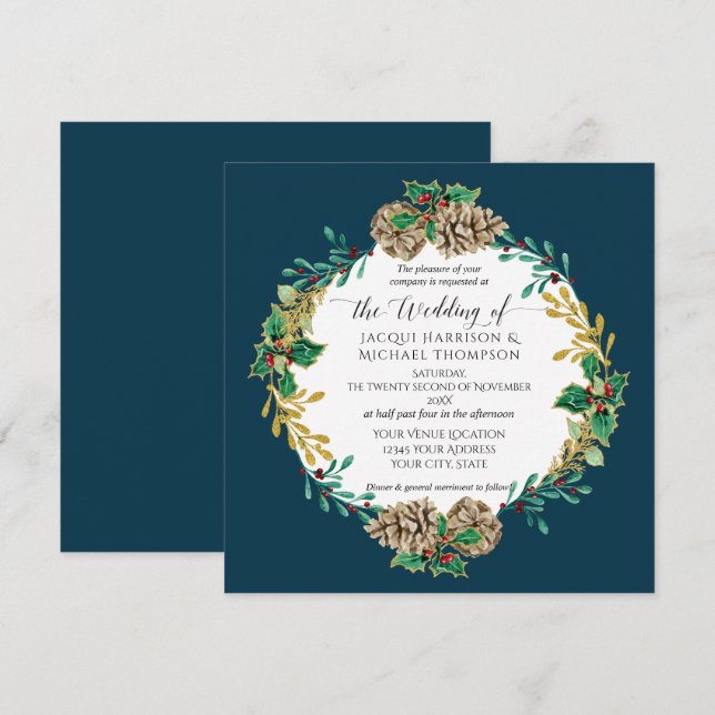 Navy Elegante Weihnachten Wasserfarben Goldene Lan Einladung (Vorne/Hinten)
