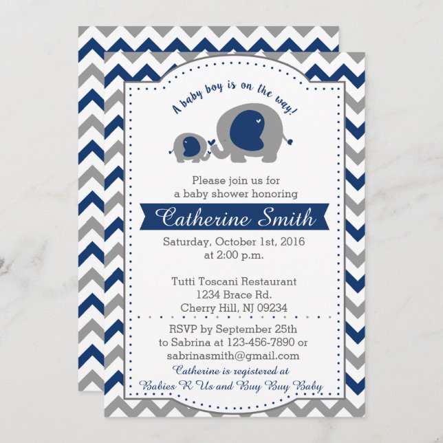 Navy Elephant Baby Shower Invitations (Devant / Derrière)