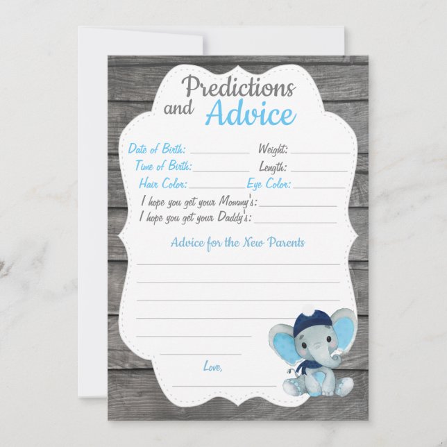 Navy Elephant Baby Shower Predication Karte (Vorderseite)