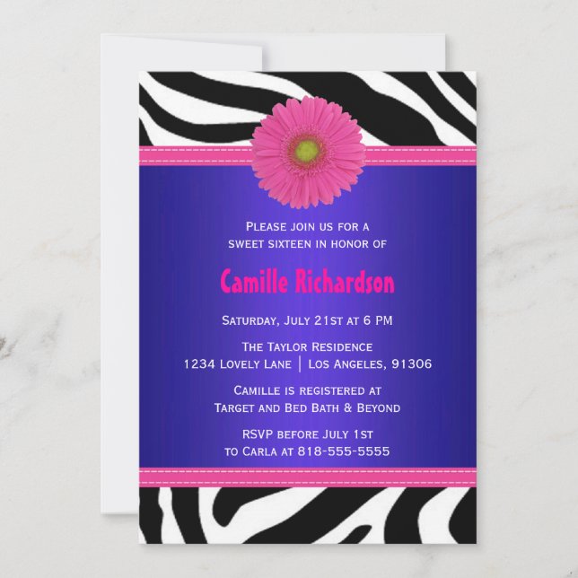 Navy et Hot Pink, Zebra Sweet sixteen Invitation (Devant)