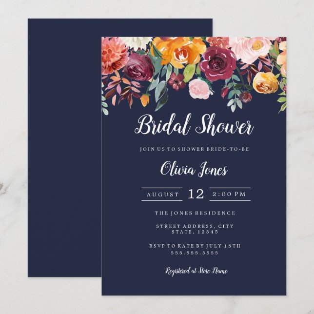 Navy-Floral-Brautparty-Karte Einladung (Vorne/Hinten)