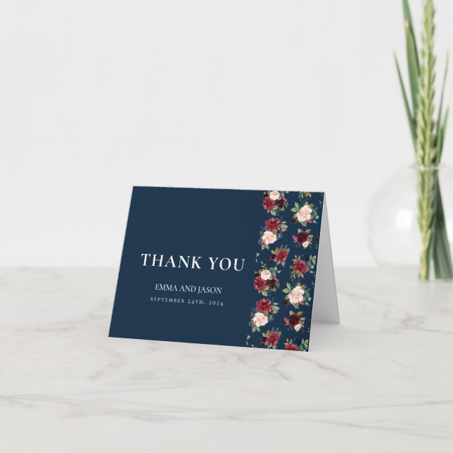 Navy floral Burgundy Blush Wedding Danke Karte (Vorderseite)