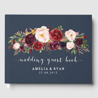 Navy Floral Burgundy Wedding Guest Book Gästebuch