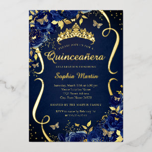 Navy Floral Butterfly Tiara Quinceanera Folieneinladung