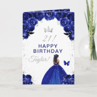 Navy Floral Dark Skin Girl Happy Birthday