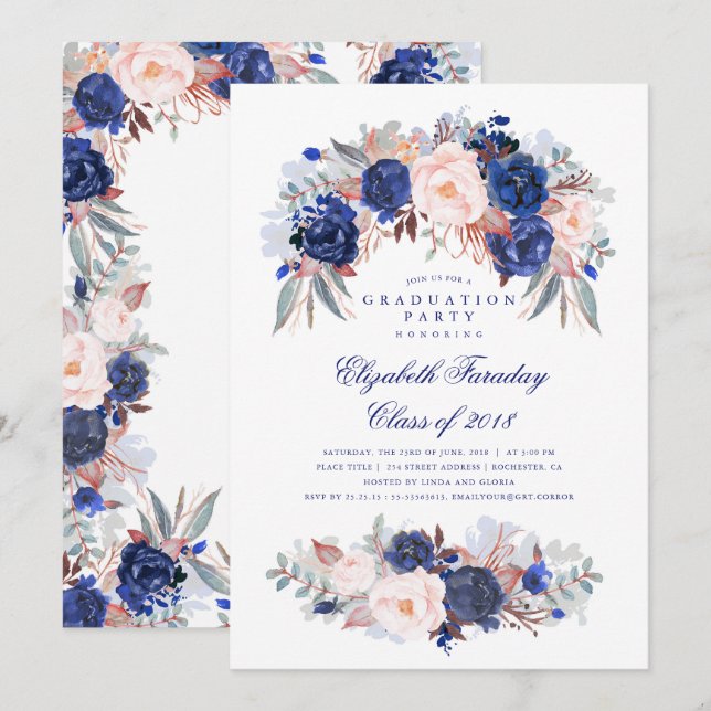 Navy Floral Elegant and Modern Graduation Party Einladung (Vorne/Hinten)