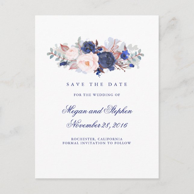 Navy Floral Elegant Save the Date Ankündigungspostkarte (Vorderseite)
