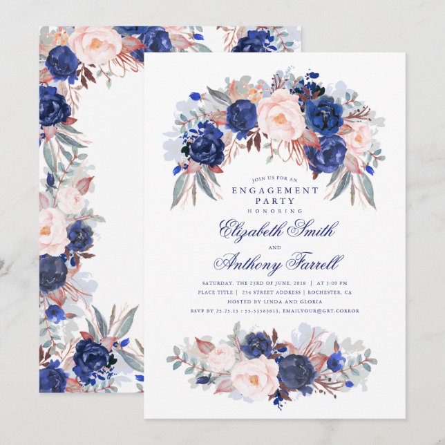 Navy Floral Elegant und Modern Engagement Party Einladung (Vorne/Hinten)
