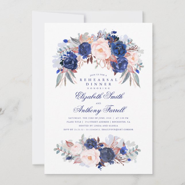 Navy Floral Elegant und Moderne Probe Abendessen Einladung (Vorderseite)