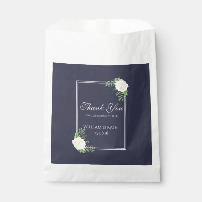 Navy Floral Elegante Elfenbein Rose Gefallen Tasch Geschenktütchen (Vorderseite)