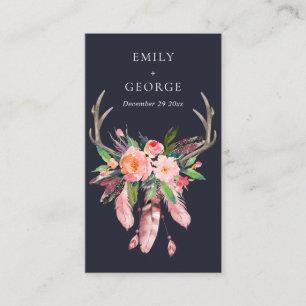 NAVY FLORAL FEATHER ANTLER WEDDING GIFT REGISTRIER VISITENKARTE