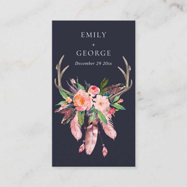 NAVY FLORAL FEATHER ANTLER WEDDING GIFT REGISTRIER VISITENKARTE (Vorderseite)