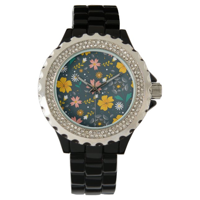Navy Floral Garden Whimsical Spring Pattern Armbanduhr (Vorderseite)
