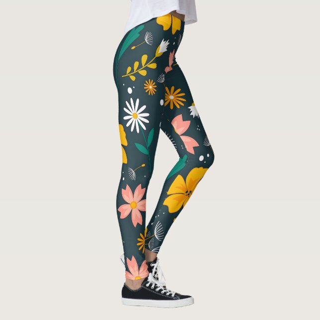 Navy Floral Garden Whimsical Spring Pattern Leggings (Rechts)
