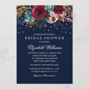 Navy Floral Glitzer Burgundy Brautparty Einladung