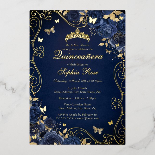 Navy Floral Gold Swirl Butterfly Quinceanera Folieneinladung (Vorderseite)