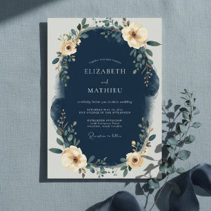 Navy Floral Lorbeer Hochzeit Einladung