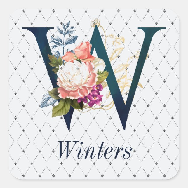 Navy Floral Monogram W Quadratischer Aufkleber (Vorderseite)