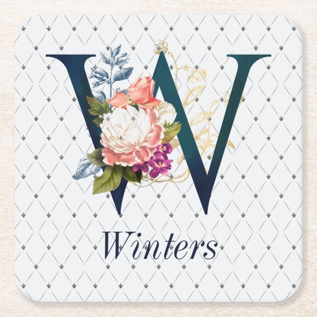Navy Floral Monogram W Rechteckiger Pappuntersetzer (Vorderseite)