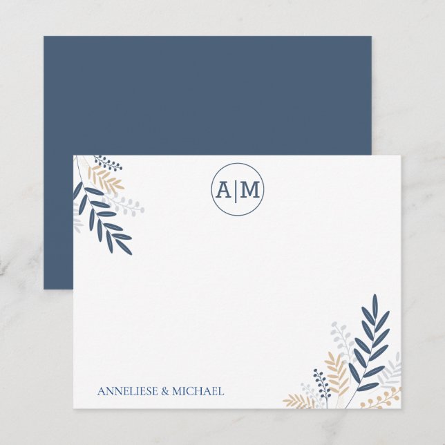 Navy Floral Personalize and Monogram Mitteilungskarte (Vorne/Hinten)