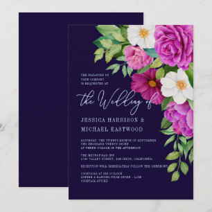 Navy Floral Pink Weiße Lila Rose Dicke Hochzeit Einladung