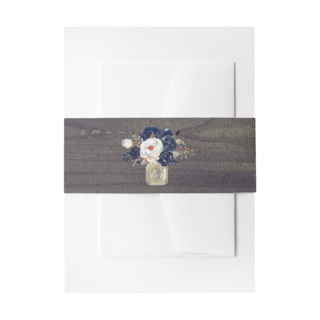 Navy Floral Rustic Mason Jar Einladungsbanderole (Vorderseite Beispiel)