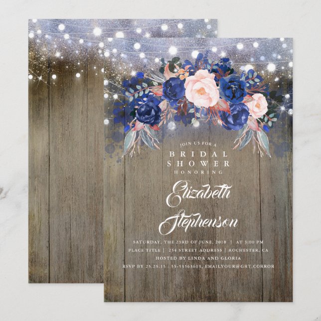 Navy Floral Rustikales Brautparty Einladung (Vorne/Hinten)