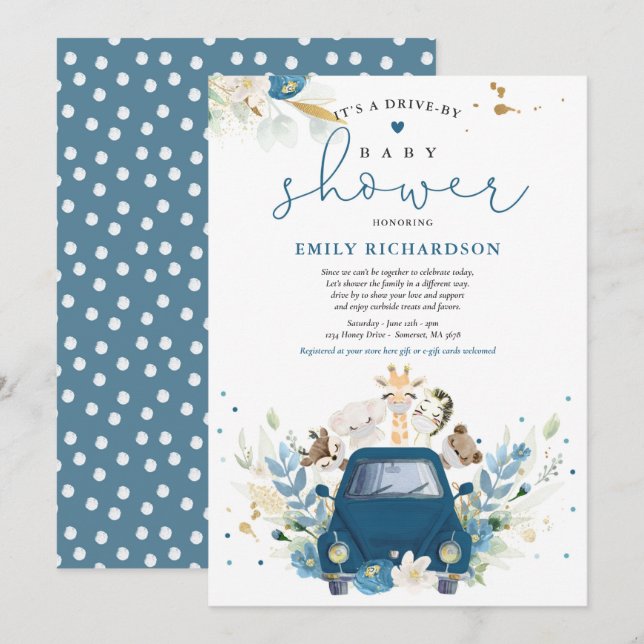 Navy floral Safari Tiere fahren mit Babydusche Einladung (Vorne/Hinten)